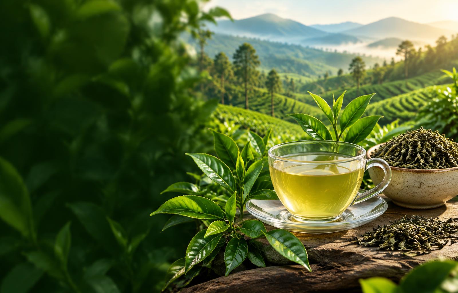 Green tea leaves and a glass cup of tea overlooking a tea plantation